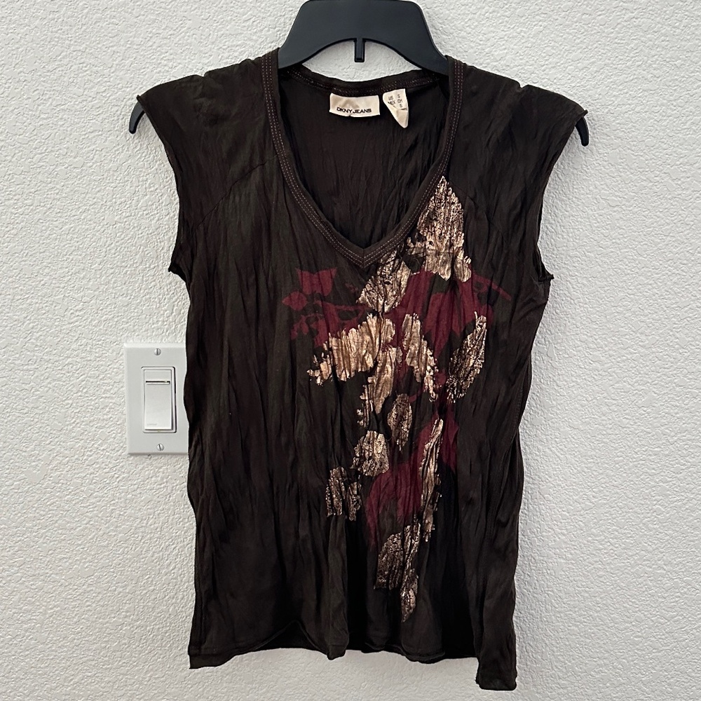 DKNY Jeans Unique Wrinkle Design Tank Top Shirt (Size S) - Dark Brown